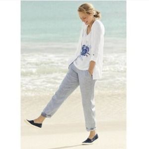 J. Jill Love Linen Striped Linen White & Green Drawstring Pants Medium Petite